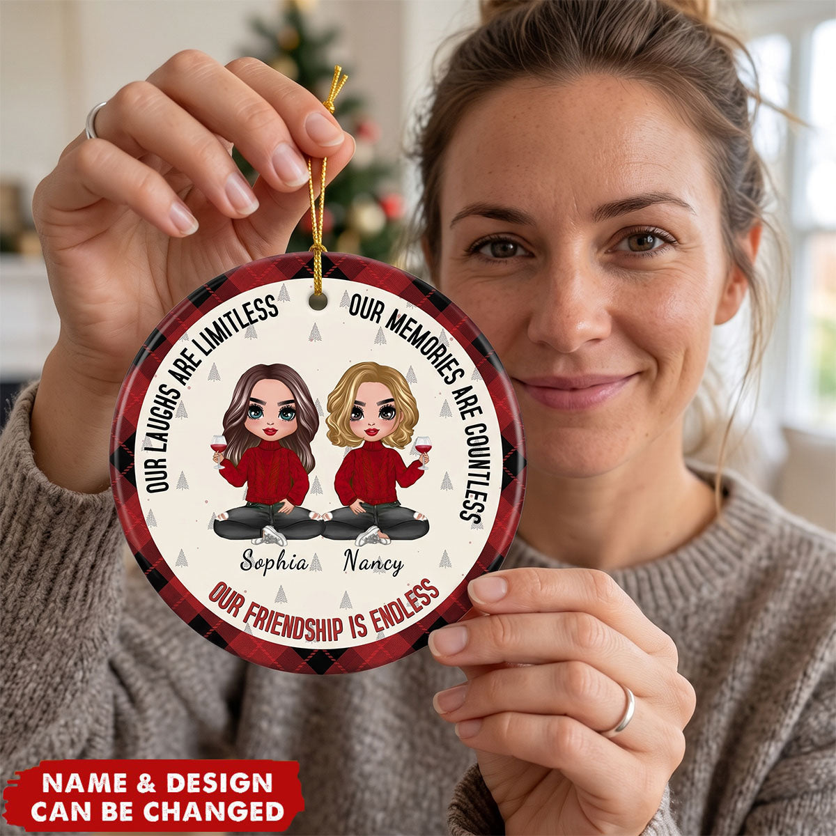 Doll Besties Christmas Checkered Pants Our Friendship Is Endless - Personalized Ceramic Ornament