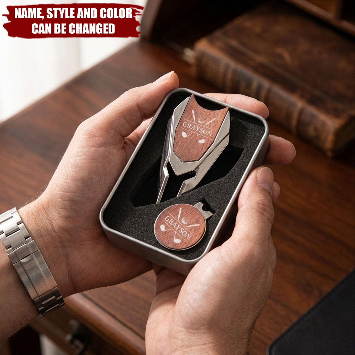 Personalized Stainless Steel Monogram Magnetic Divot Repair Tool Ball Marker Set Hat Clip with Case Father’s Day Birthday Gift for Golf Lover