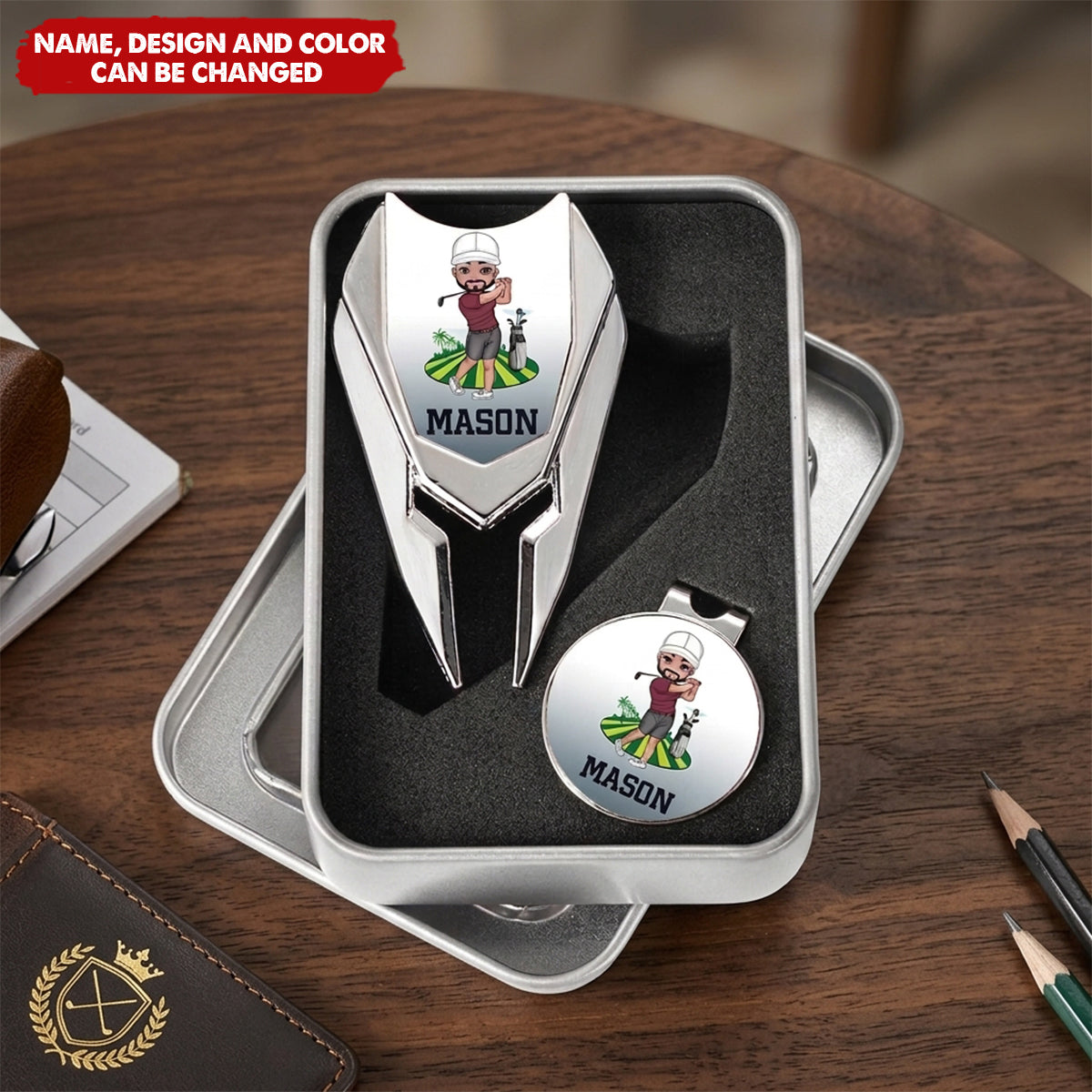 Personalized Cartoon Character Name Magnetic Divot Repair Tool Ball Marker Hat Clip Set with Case Birthday Golf Accessory Gift for Golf Players