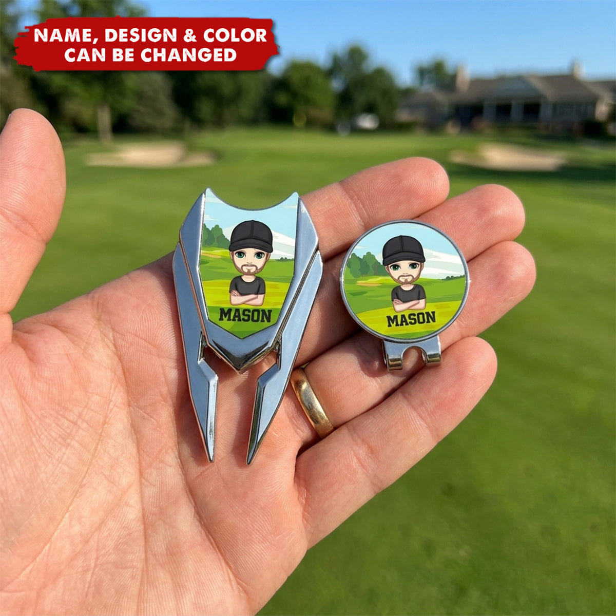 Personalized Cartoon Character Name Magnetic Divot Repair Tool Ball Marker Set Hat Clip with Case Golf Accessory Birthday Gift for Golf Lover