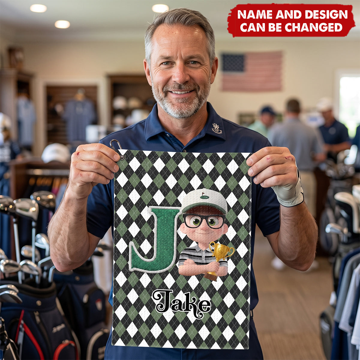 Personalized Cartoon Character Soft Golf Towel with Name Initial and Carabiner Daily Use Birthday Father's Day for Golfer