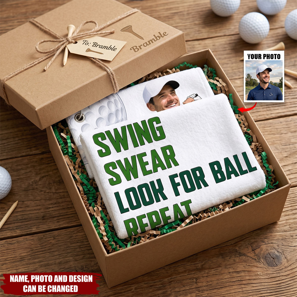 Personalized Cute Golf Photo Super Absorbent Sports Towel with Name and Hanging Clip Outdoor Activity Father's Day Birthday Gift for Golf Lovers