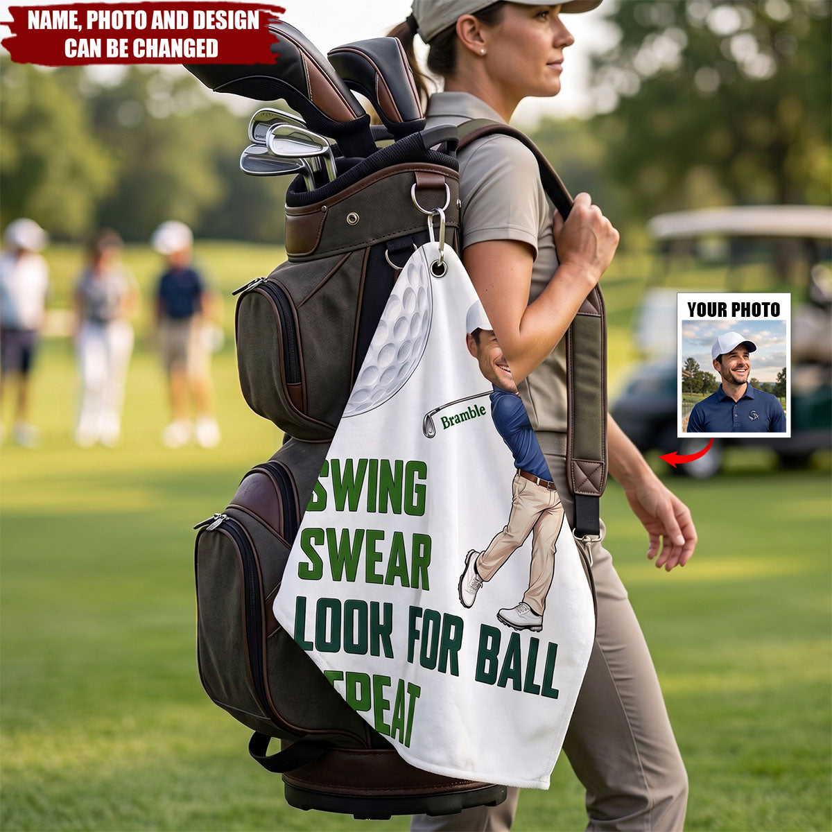 Personalized Cute Golf Photo Super Absorbent Sports Towel with Name and Hanging Clip Outdoor Activity Father's Day Birthday Gift for Golf Lovers