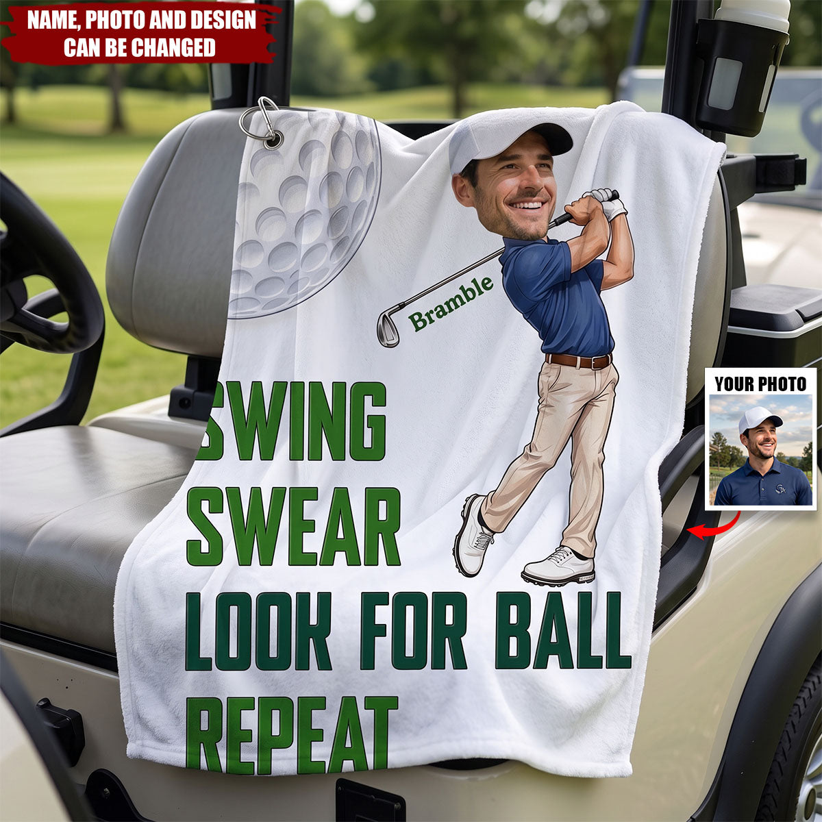 Personalized Cute Golf Photo Super Absorbent Sports Towel with Name and Hanging Clip Outdoor Activity Father's Day Birthday Gift for Golf Lovers