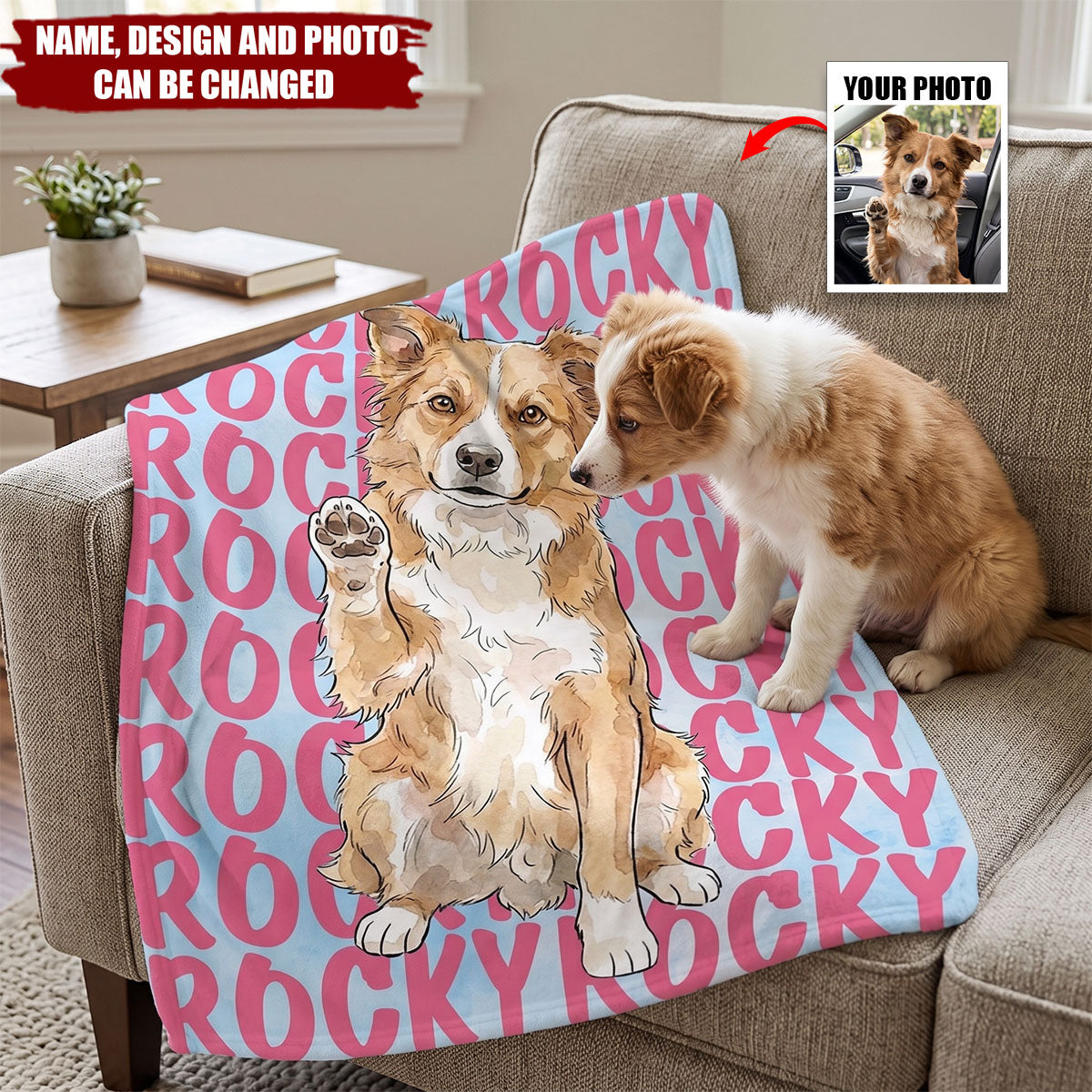Custom Pet Portrait & Name Watercolor Style - Personalized Blanket