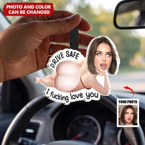 Custom Photo Squishy Acrylic Car Visor Ornament - Personalized Anniversary Wedding Gifts For Husband And Wife, Him And Her - Drive Safe, I Love You