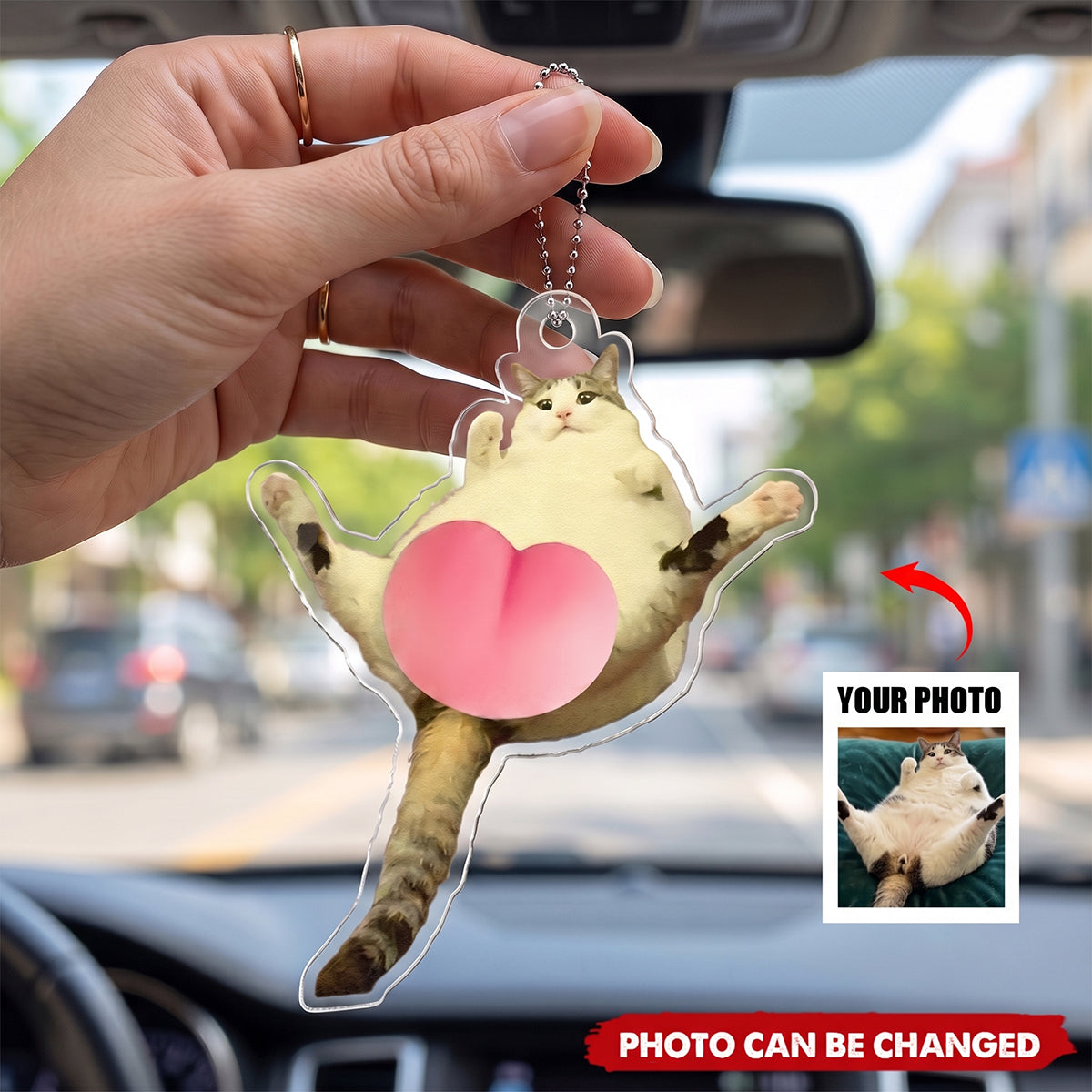 Custom Photo Pet, Cute Dog, Cat 3D Squishy Pink Butt - Personalized Rear View Mirror Accessory