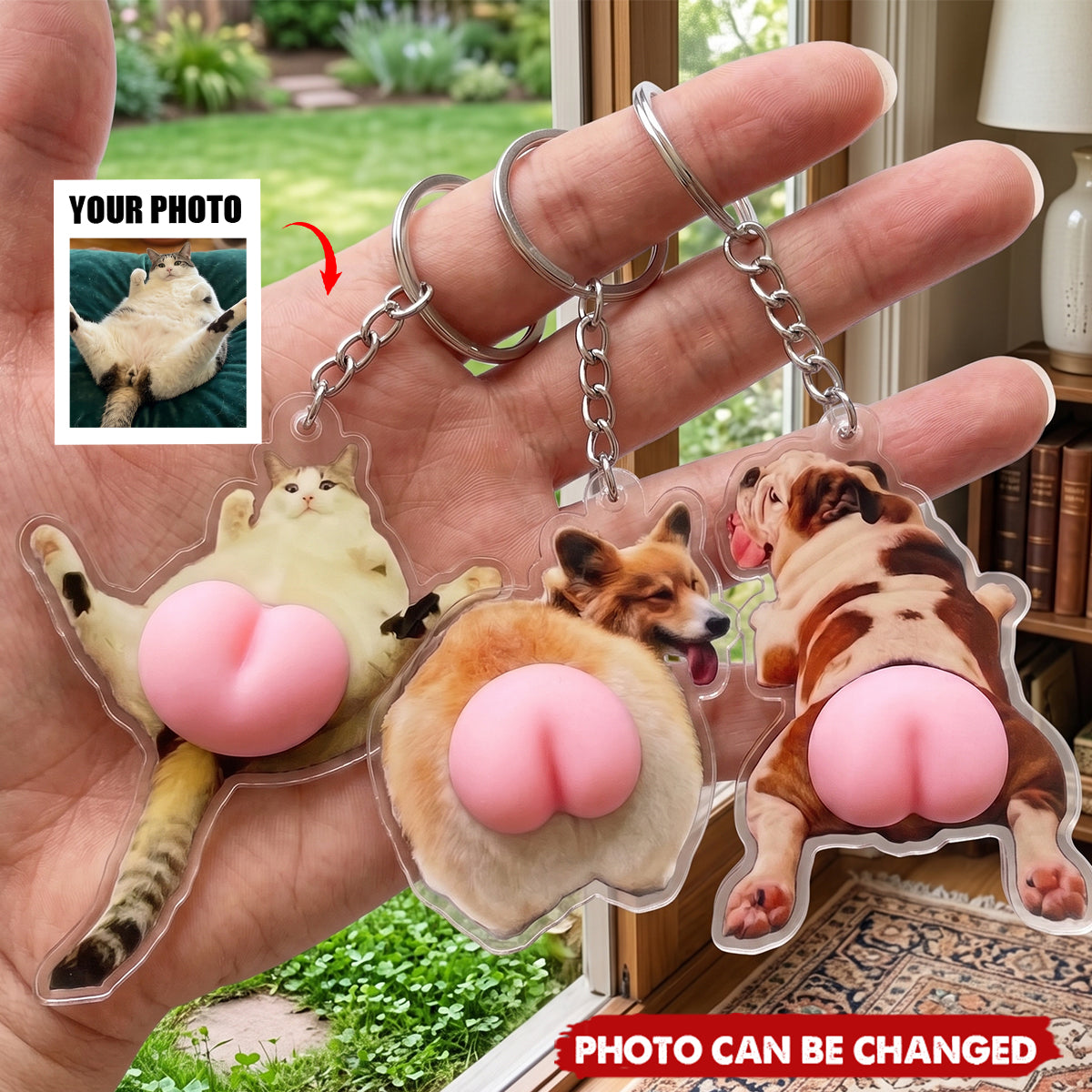 Custom Photo Pet, Cute Dog, Cat 3D Squishy Pink Butt - Personalized Keychain