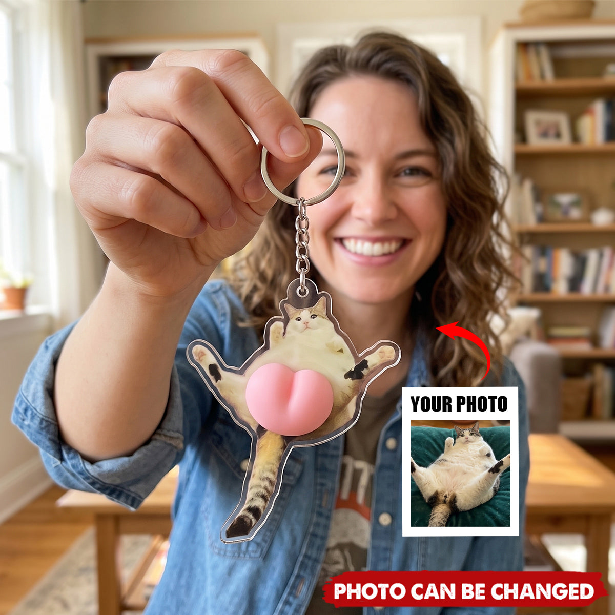 Custom Photo Pet, Cute Dog, Cat 3D Squishy Pink Butt - Personalized Keychain
