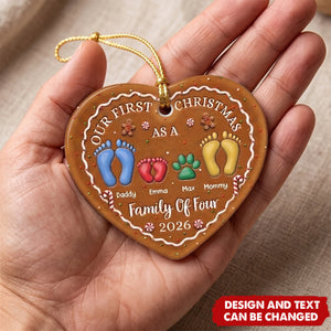 Custom First Christmas Ceramic Ornament - Personalized Christmas Baby Shower Gifts For New Moms, New Dads, New Parents - First Steps Into Family Love
