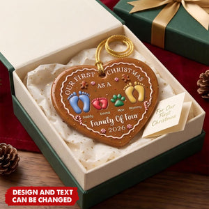 Custom First Christmas Ceramic Ornament - Personalized Christmas Baby Shower Gifts For New Moms, New Dads, New Parents - First Steps Into Family Love