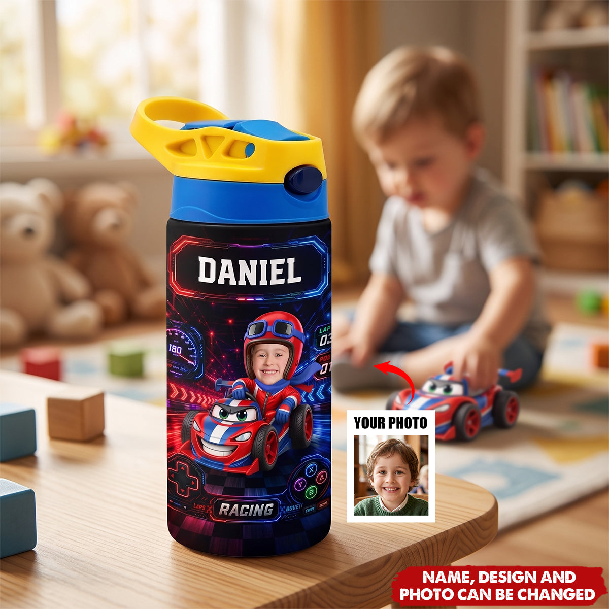 Custom Photo Kid Car Racing - Personalized Insulated Water Bottle With Straw