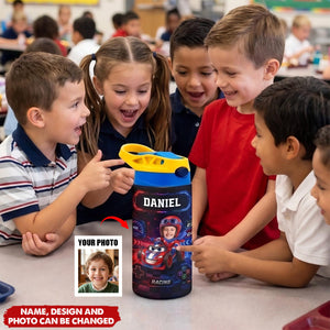 Custom Photo Kid Car Racing - Personalized Insulated Water Bottle With Straw
