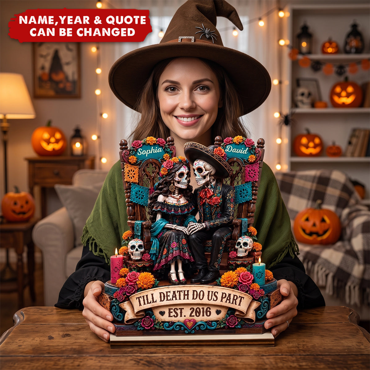 Custom Day Of The Dead 2-Layered Wooden Plaque - Personalized Halloween Decor, Anniversary Wedding Gifts For Husband And Wife, Him And Her - Eternal Skeletal Love