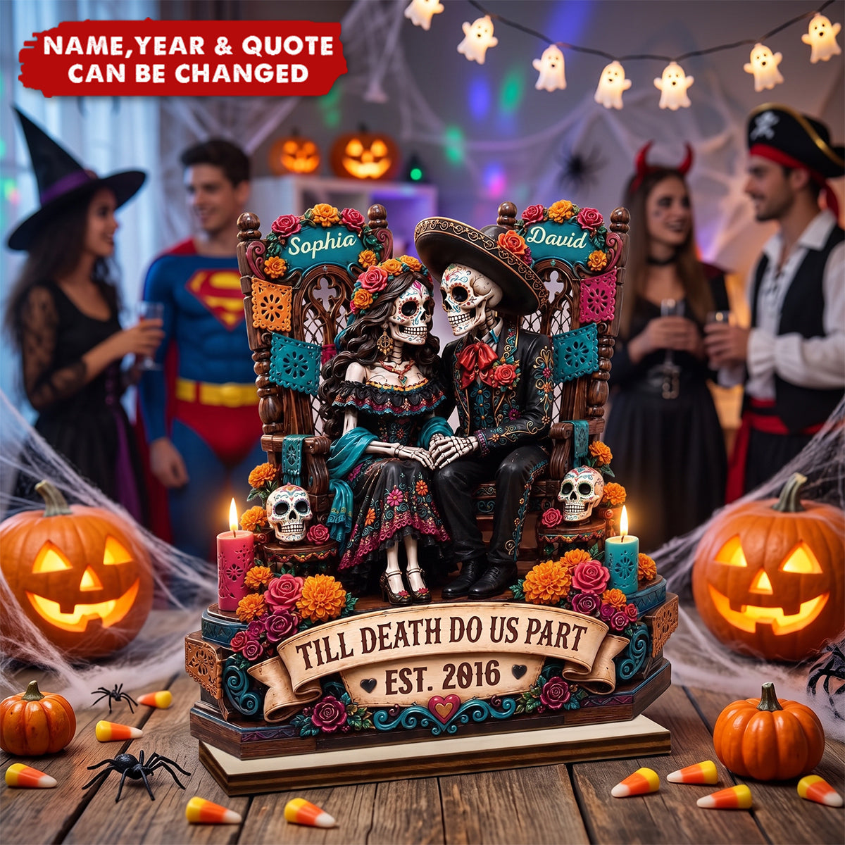Custom Day Of The Dead 2-Layered Wooden Plaque - Personalized Halloween Decor, Anniversary Wedding Gifts For Husband And Wife, Him And Her - Eternal Skeletal Love