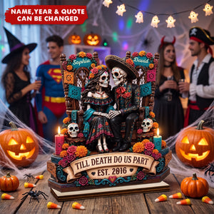 Custom Day Of The Dead 2-Layered Wooden Plaque - Personalized Halloween Decor, Anniversary Wedding Gifts For Husband And Wife, Him And Her - Eternal Skeletal Love