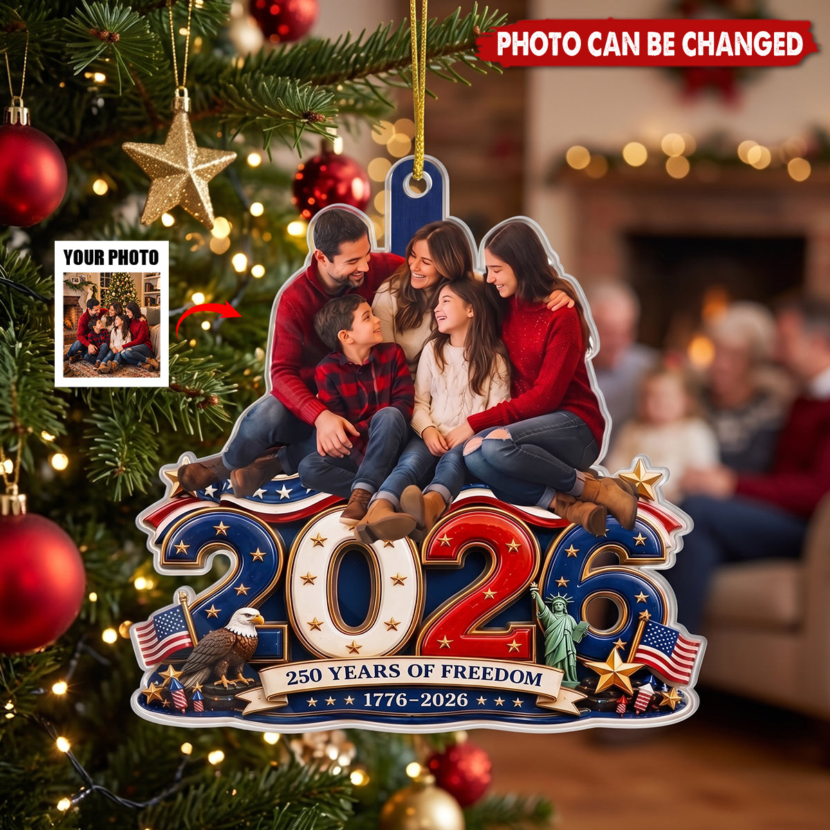 Custom Photo Acrylic Ornament - Personalized America 250th Anniversary Christmas Gifts For Mom, Dad, Brother, Sister