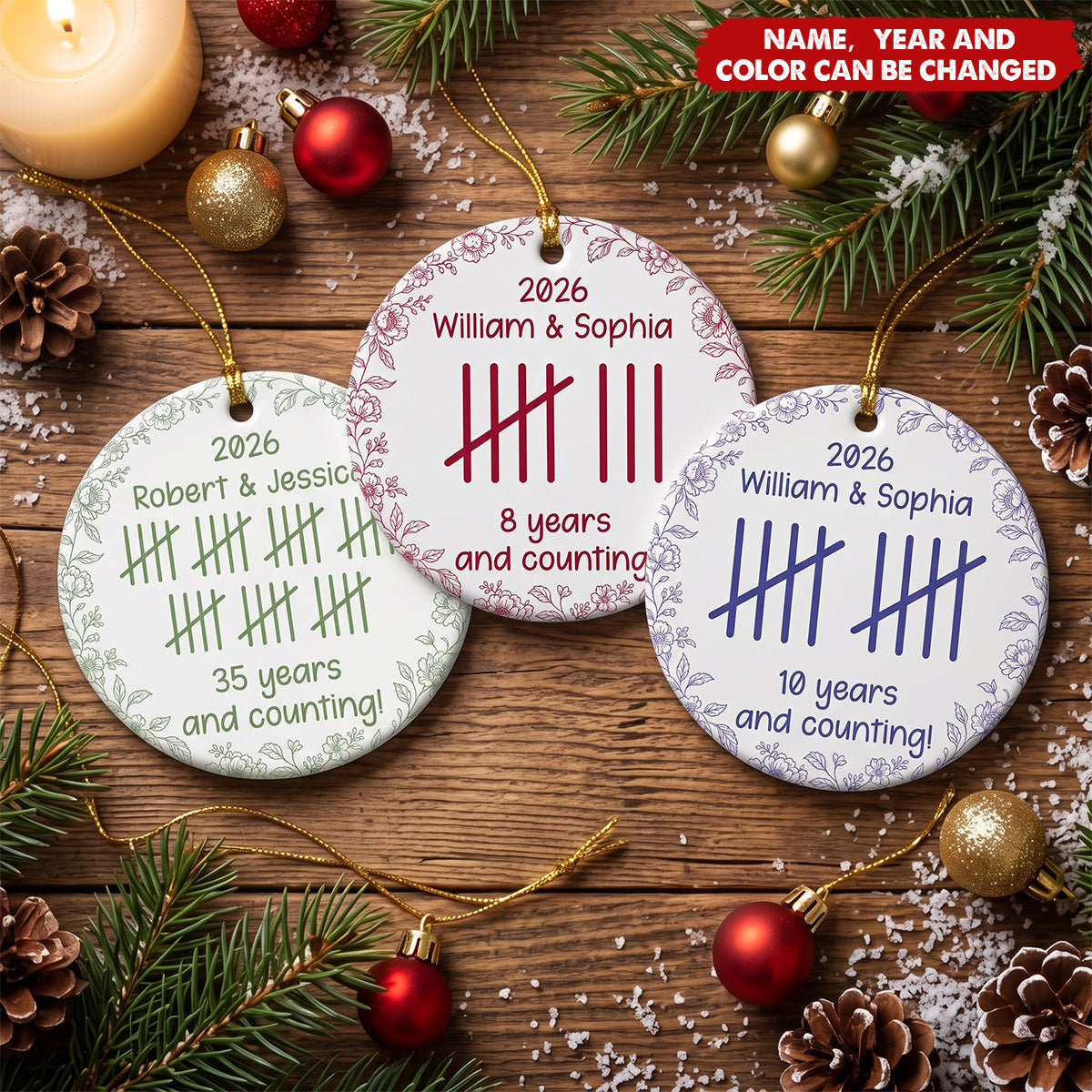 Couple Anniversary Gift Tally Mark - Personalized Circle Ceramic Ornament