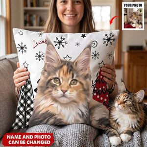 Custom Pet Photo Watercolor Art Christmas Winter Decor Gift - Personalized Pillow