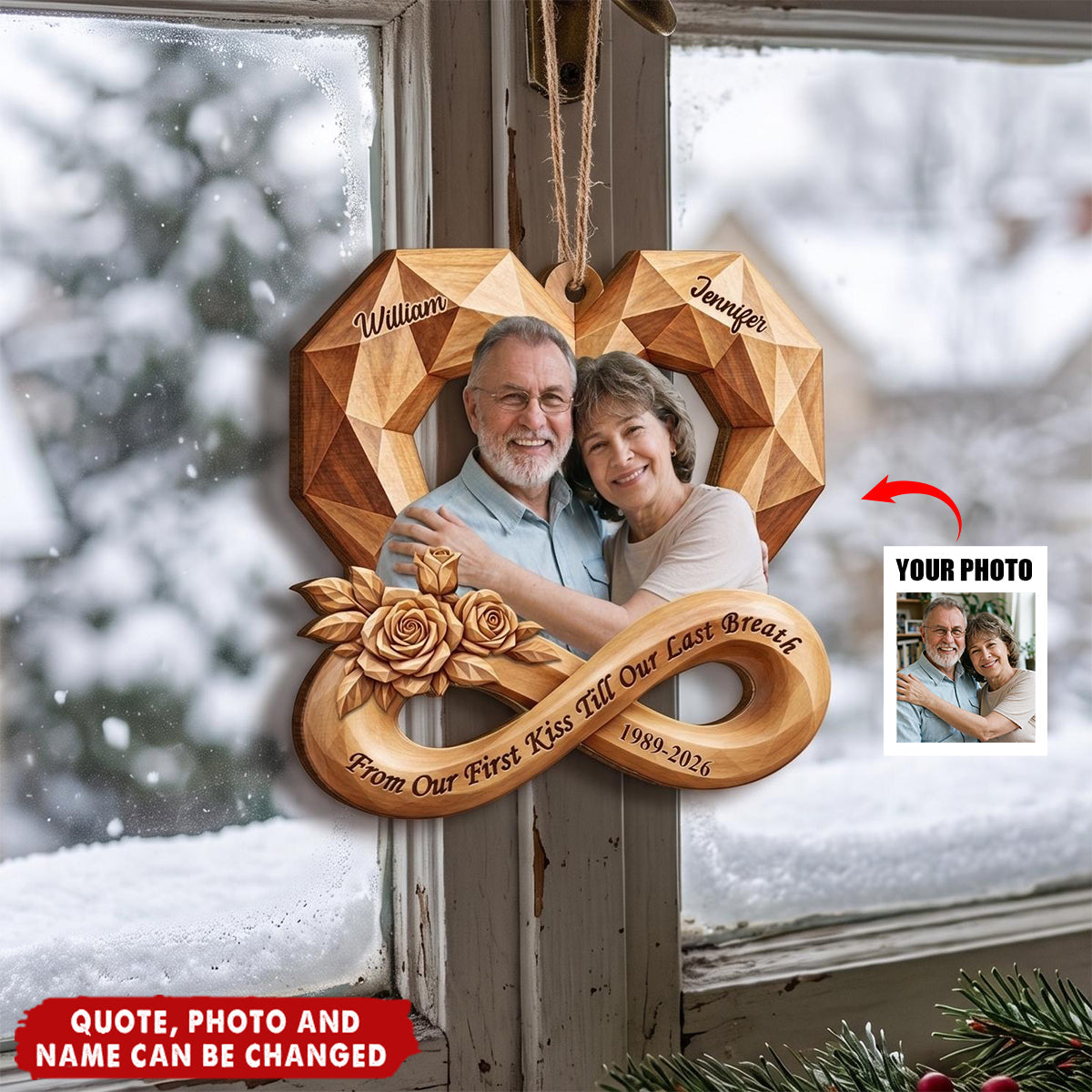 Anniversary Gift For Couples - Personalized Custom Photo Infinity Rose Heart Wooden Ornament