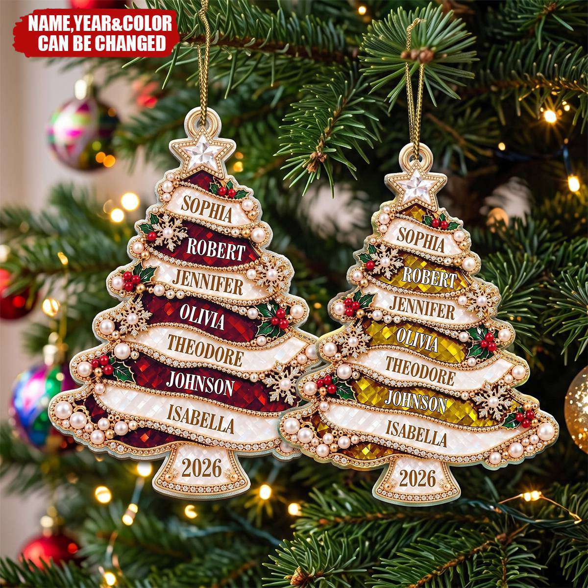 Holiday Gift For Family - Personalized Christmas Tree Golden Pearl Acrylic Ornament