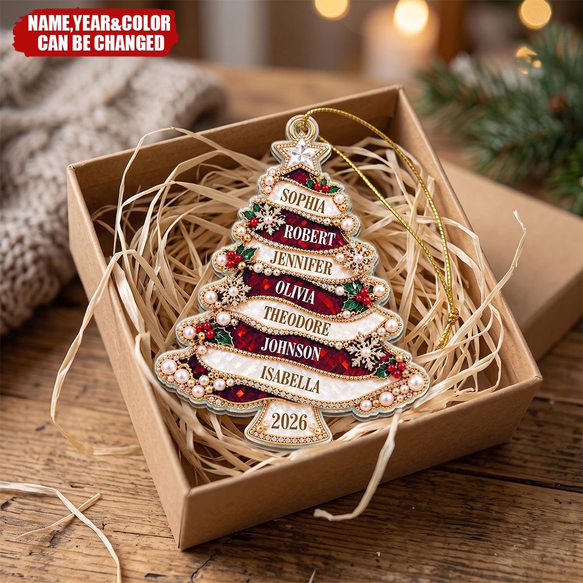 Holiday Gift For Family - Personalized Christmas Tree Golden Pearl Acrylic Ornament