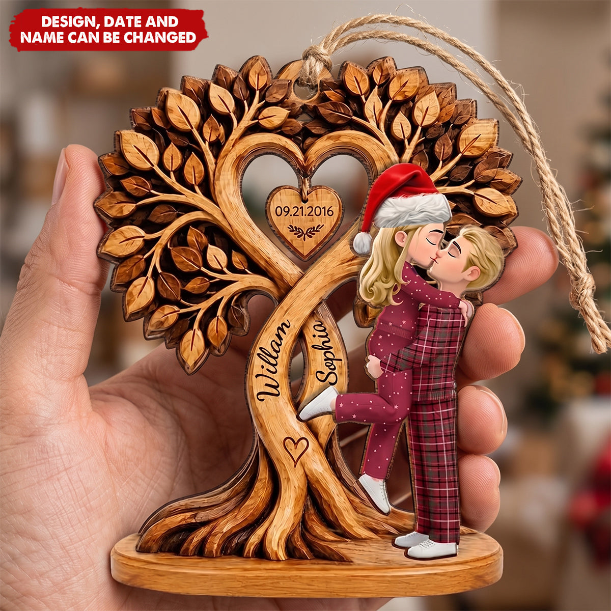 Christmas Gift For Couples - Personalized Heart Tree 2-Layered Wooden Ornament