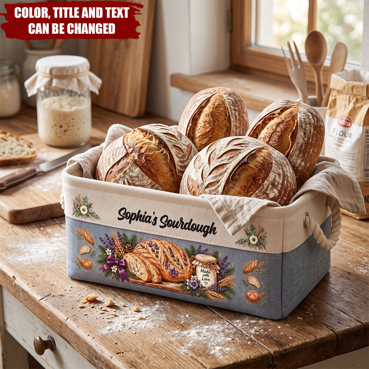 Custom Sourdough Baking Basket Gift For Sourdough Lovers - Personalized Storage Basket