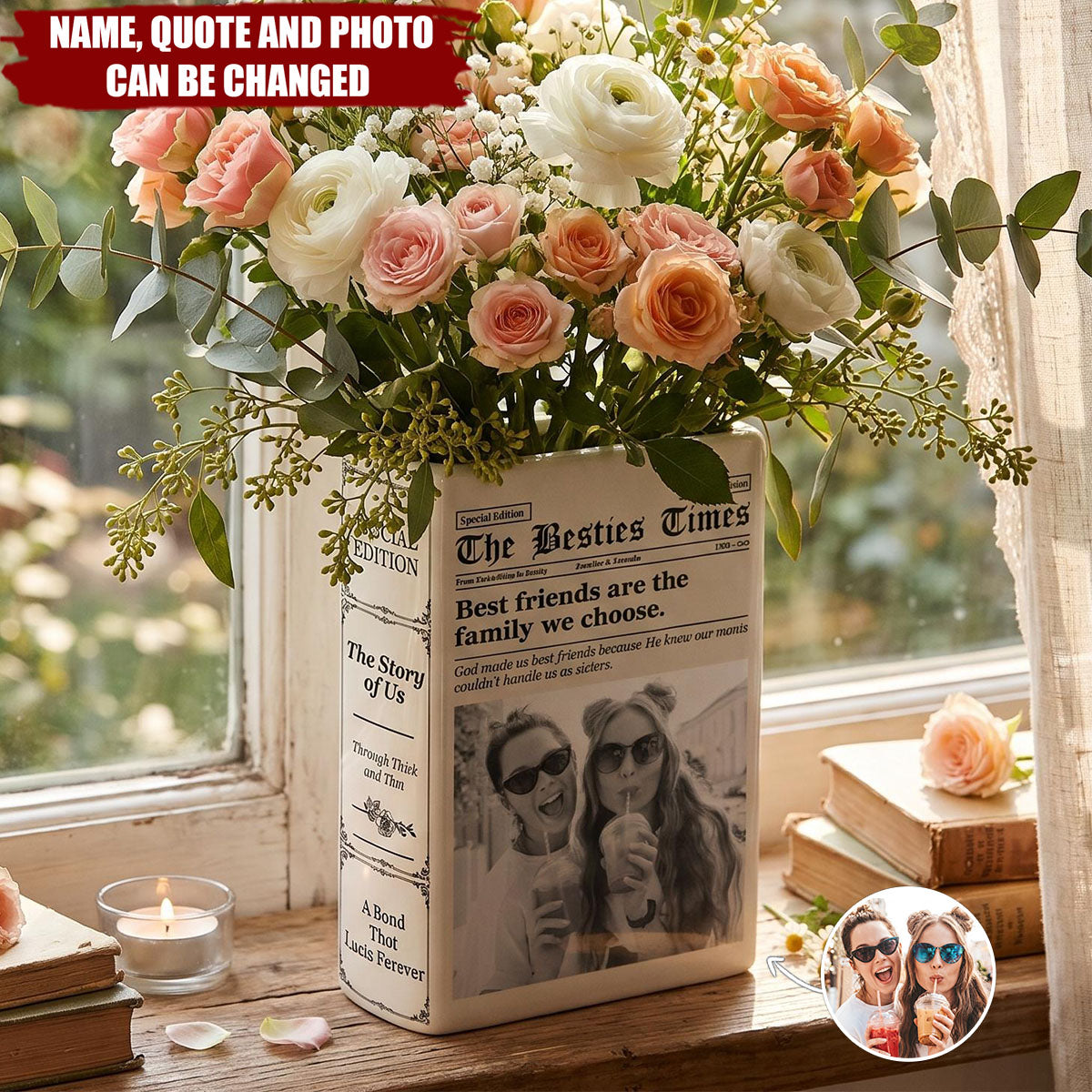Gift For Best Friend - Personalized Custom Photo Newspaper Ceramic Book Vase