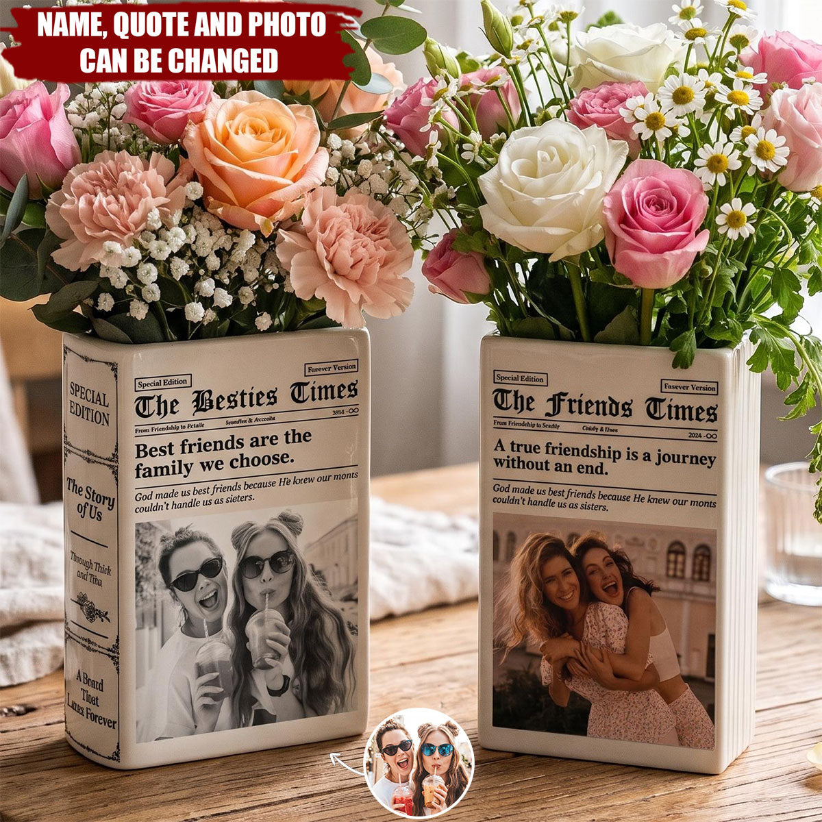 Gift For Best Friend - Personalized Custom Photo Newspaper Ceramic Book Vase