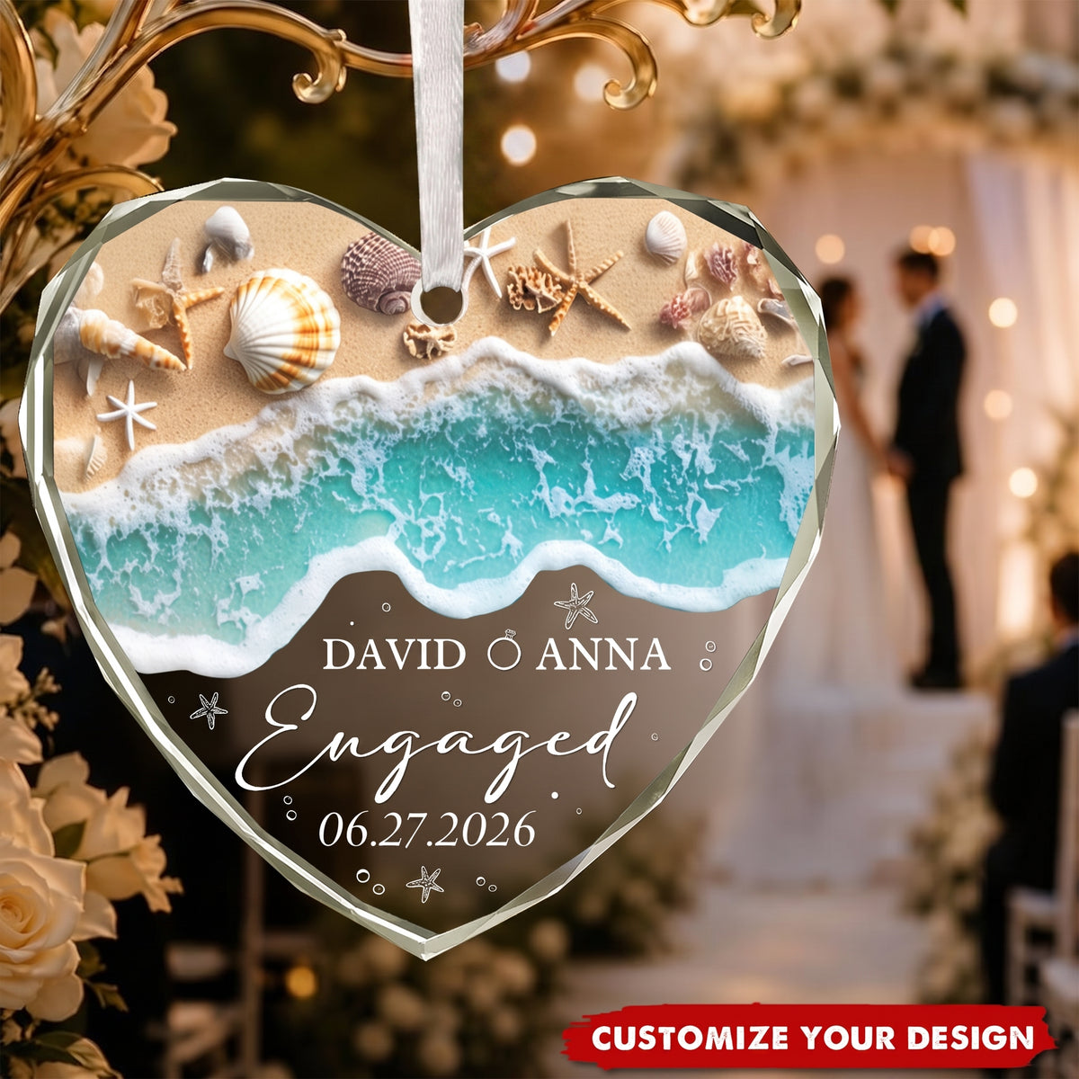 Personalized Beach Engaged Glass Ornament, Gift for Couple