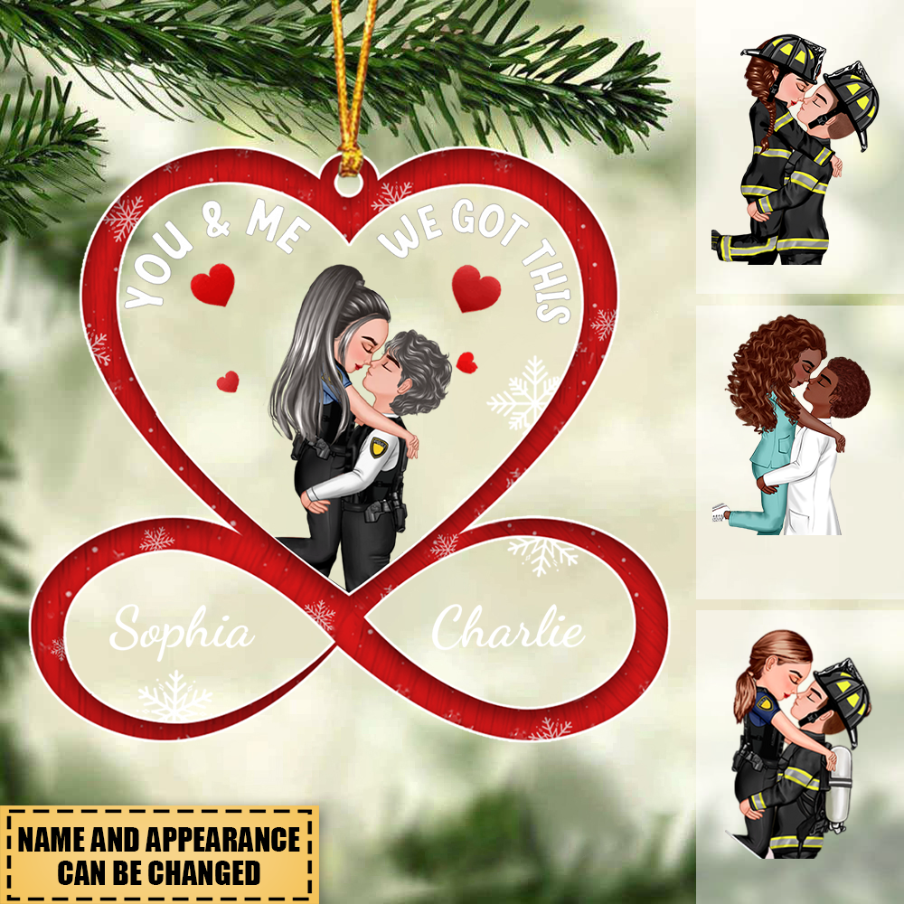 Personalized Heart Infinity Doll Couple Portrait, Firefighter, Nurse, Police Officer, Teacher, Gifts by Occupation Christmas Ornament