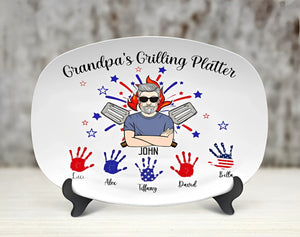 Personalized Daddy's Grilling Platter Handprints, Happy Independence Day Plate, 4th Of July , Custom Platter for Grandpa Dad