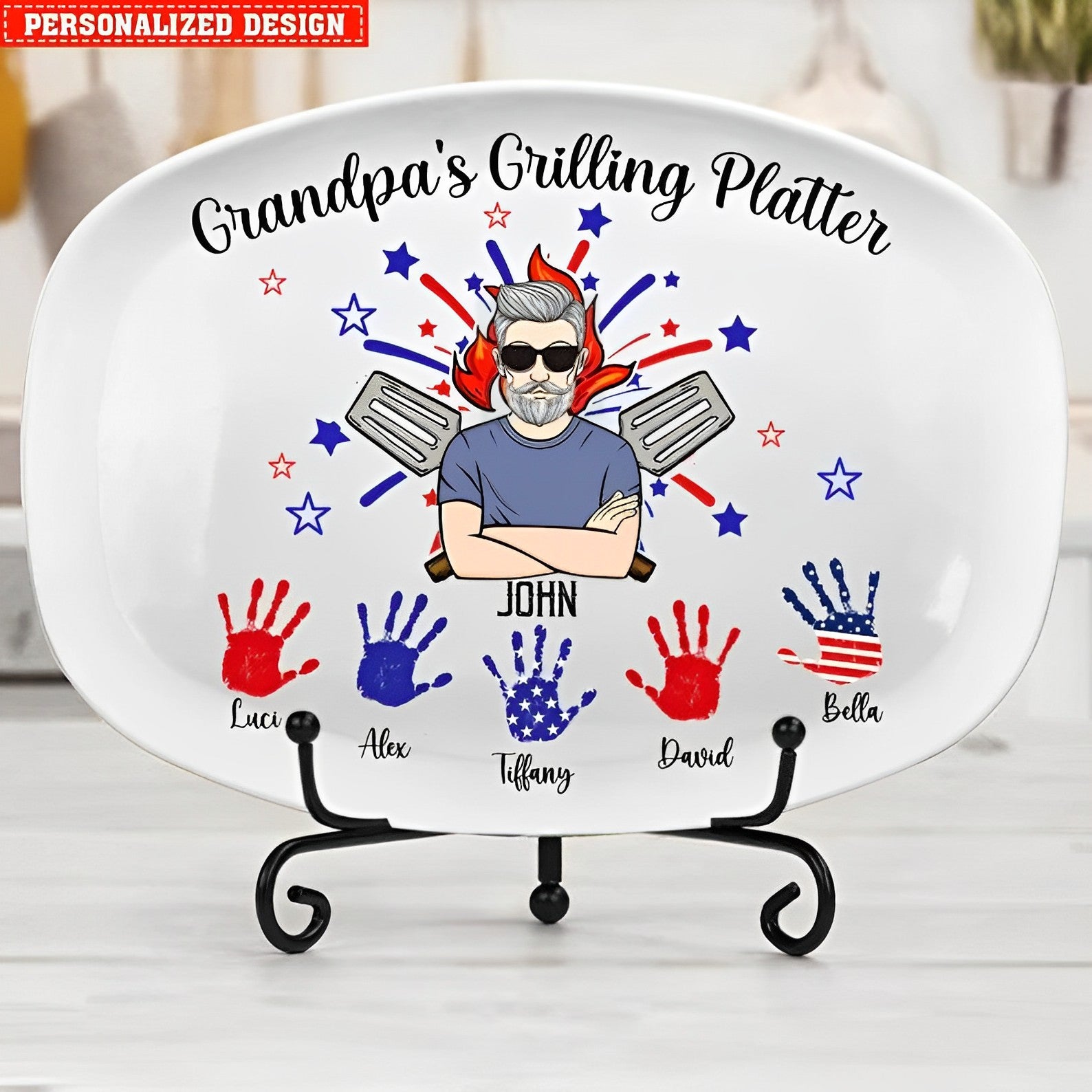 Personalized Daddy's Grilling Platter Handprints, Happy Independence Day Plate, 4th Of July , Custom Platter for Grandpa Dad