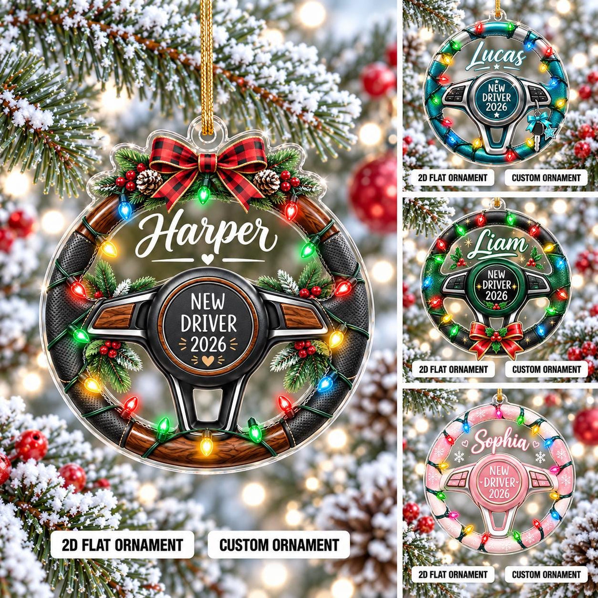 Personalized Rookie Driver Ornament, Custom Name Steering Wheel Christmas Ornament