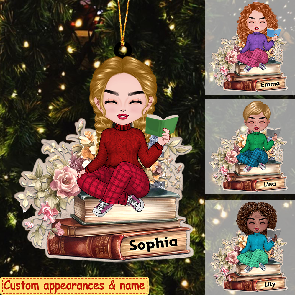 Book Lovers - Reading Girls Sitting On Books - Personalized Arcylic Ornament