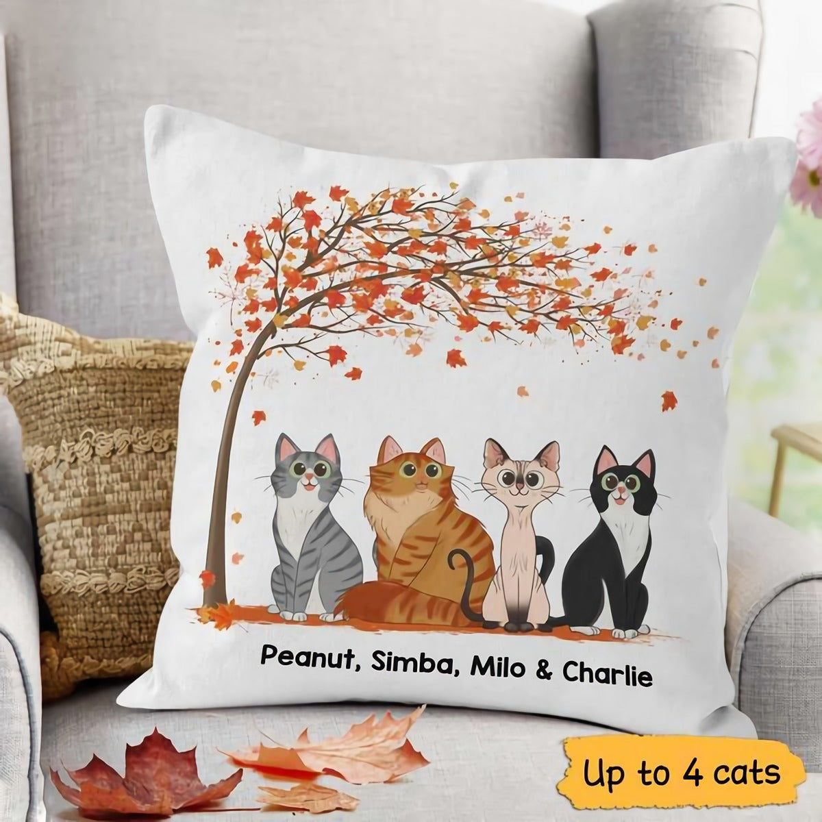 Sitting Cat Cartoon Under Tree Personalized Pillow
