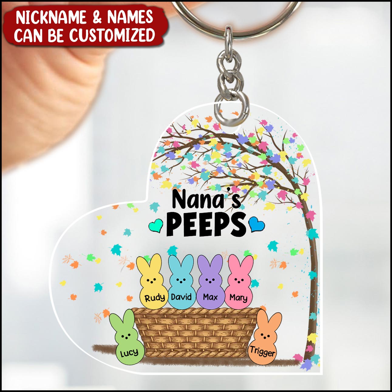 Personalized Grandma Mom Nana PEEPS Easter Day Bunny Kids Heart Shaped Acrylic Keychain