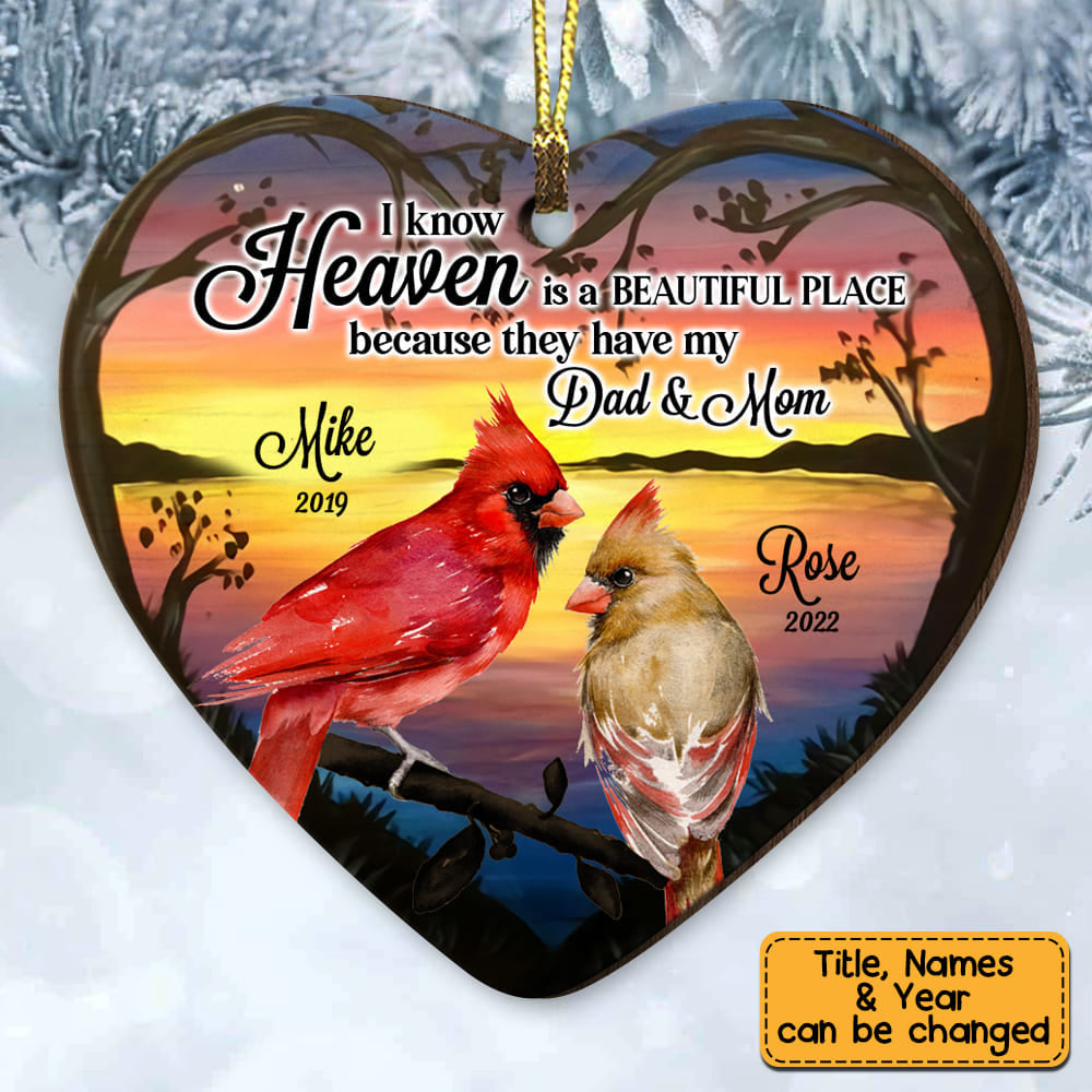 Personalized Heaven Is A Beautiful Place Cardinal Memo Heart Ornament