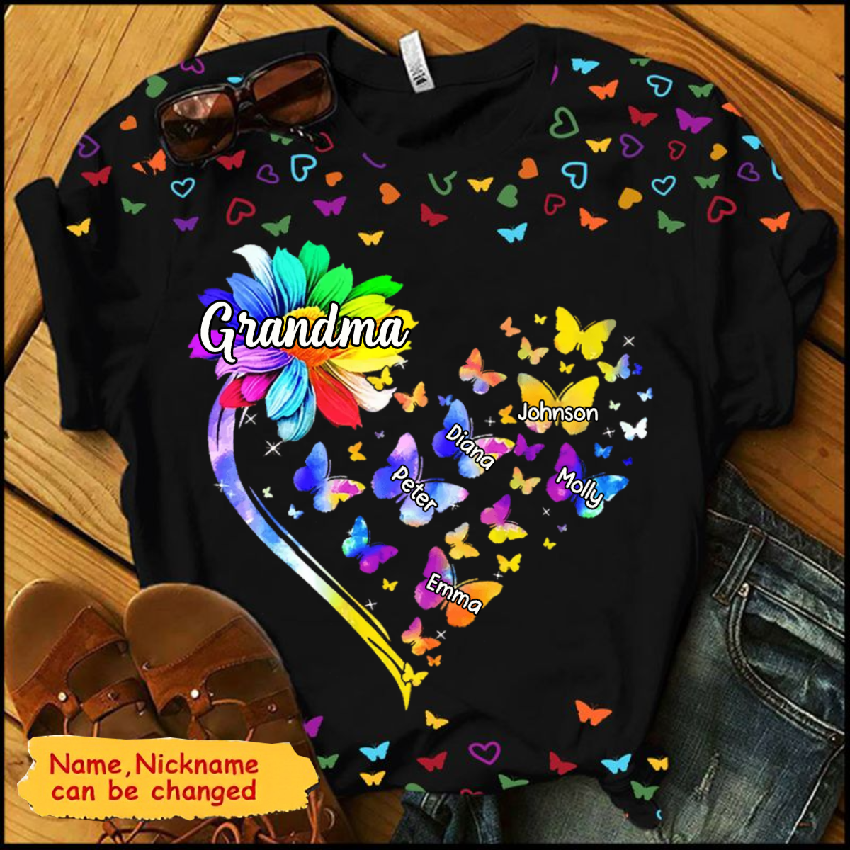 Colorful Sunflower Grandma Mom Butterflies Personalized 3D T-shirt
