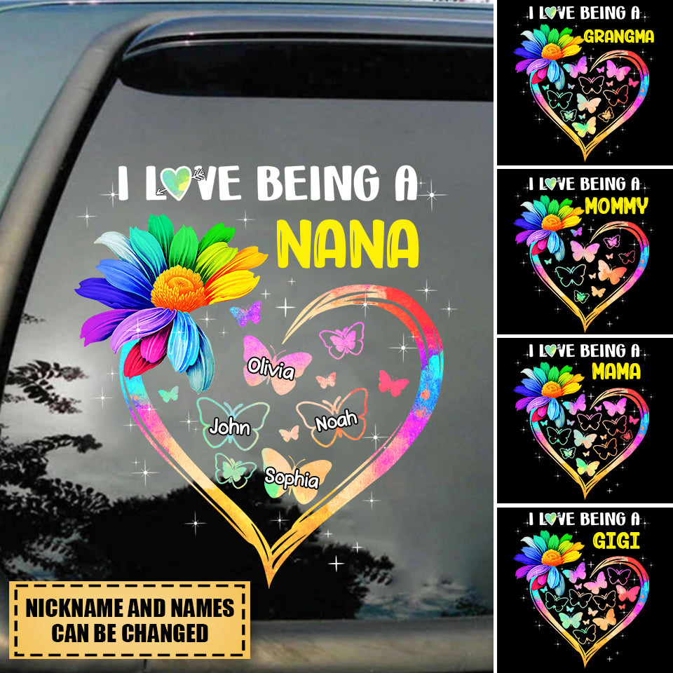 Sunflower Heart Grandma- Mom, I Love Being A Nana, Butterfly Kids Personalized Decal