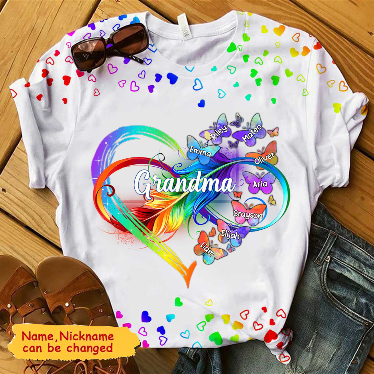 Grandma Grandkids Infinity Love Family Gift Heart Butterflies Rainbow T-shirt