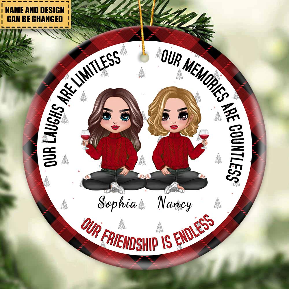 Doll Besties Christmas Checkered Pants Our Friendship Is Endless - Personalized Ceramic Ornament