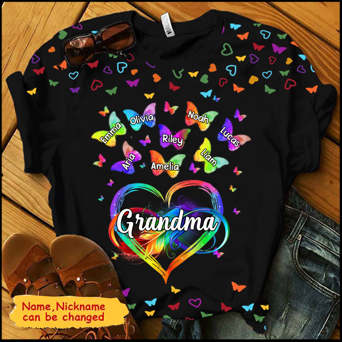 Colorful Rainbow Heart Infinity Grandma Mom Butterfly Kids Personalized T-shirt
