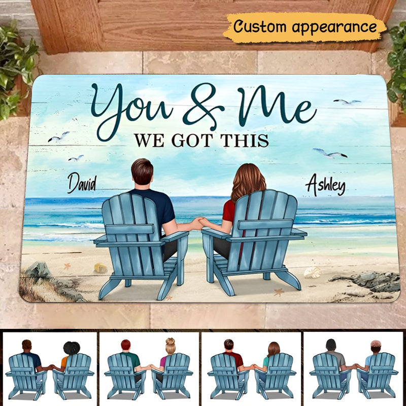 BACK VIEW COUPLE SITTING BEACH LANDSCAPE PERSONALIZED DOORMAT