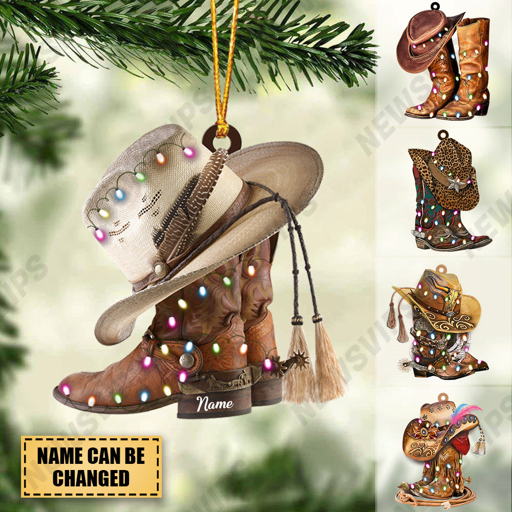 Personalized BOOTS AND HAT COWBOY Acrylic Christmas Light Ornament