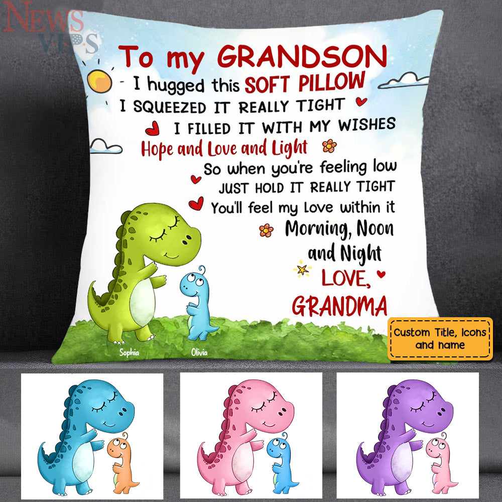 Personalized Dinosaur Grandson Granddaughter Hug This Pillow