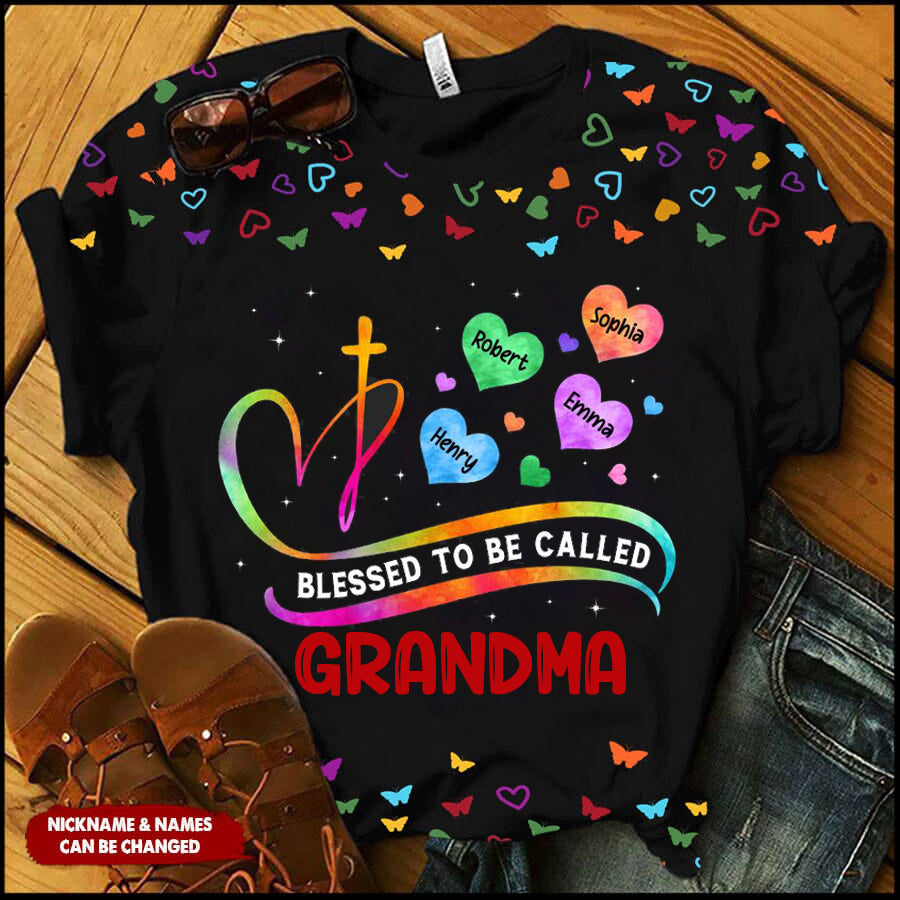 Blessed To Called Grandma Grandkids Colorful Heart Cross Personalized Shirt
