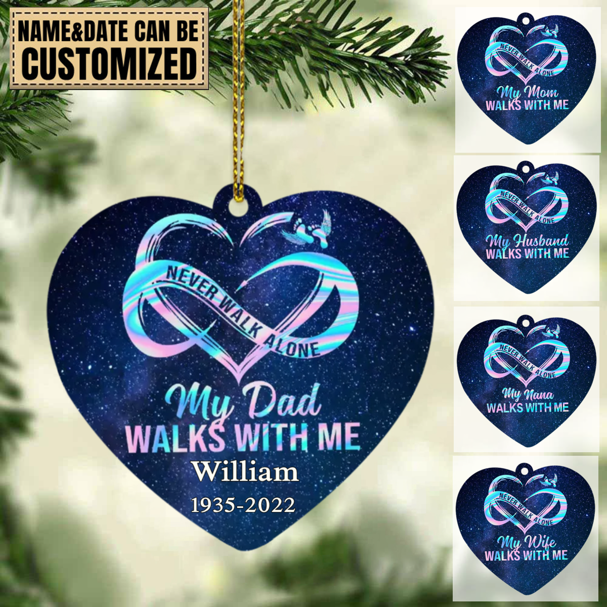 Personalized Never Walk Alone Heart Memorial Ornament