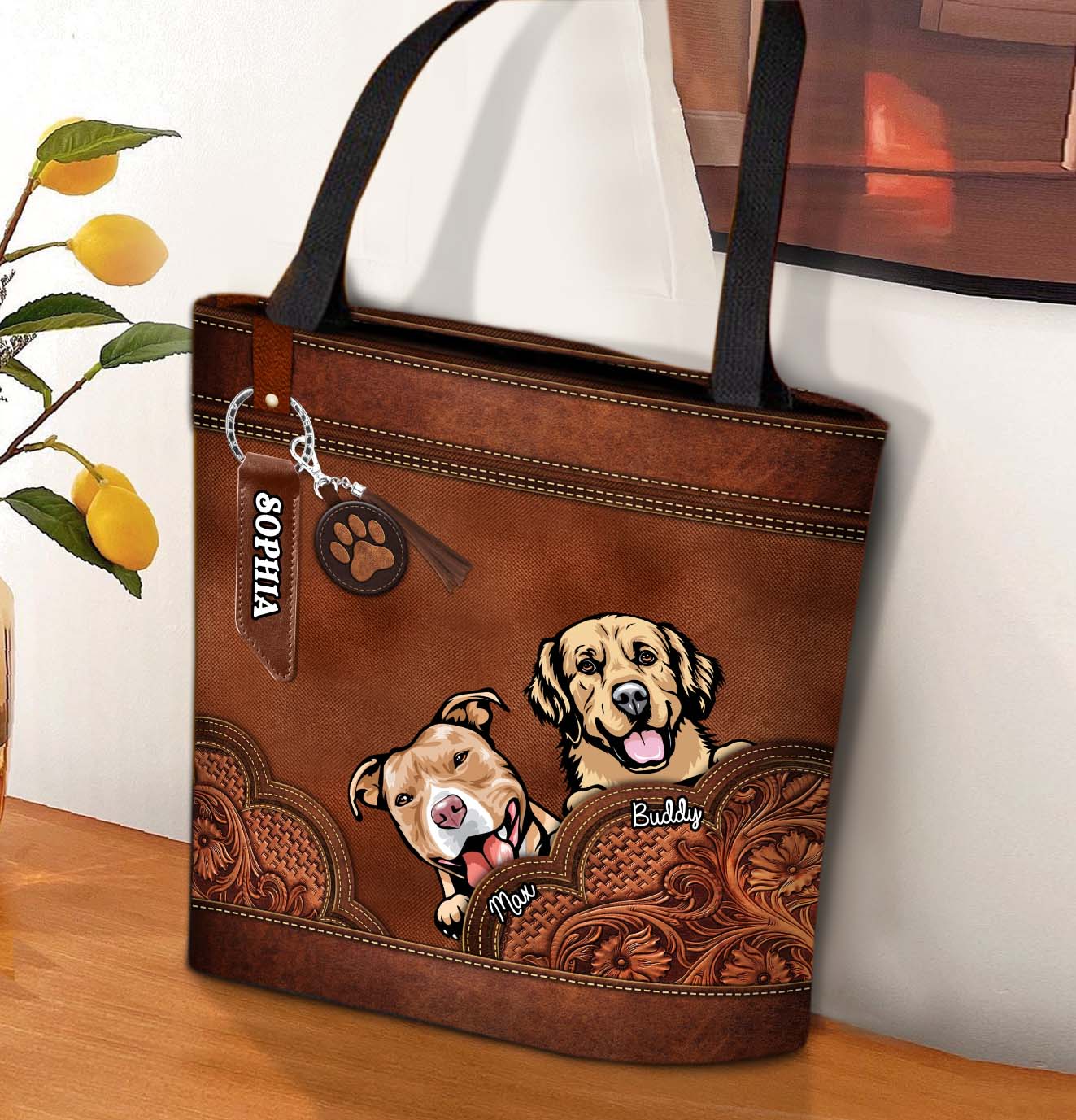 Flower Pattern Brown Dog Personalized All Over Tote Bag, Mother’s Day Gift for Dog Lovers, Dog Dad, Dog Mom